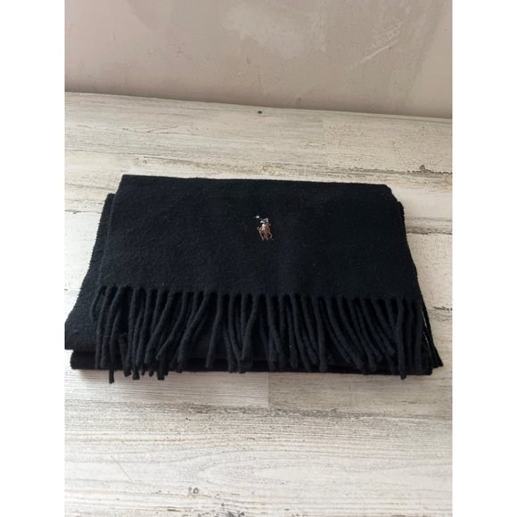 Polo Ralph Lauren black 100% lambs wool scarf with fringe - Picture 1 of 4